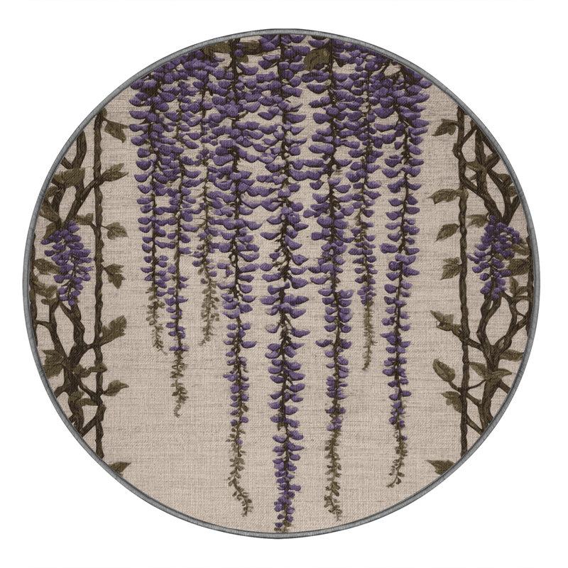 Machine Washable Botanical Gray Area Rug, Round 5'