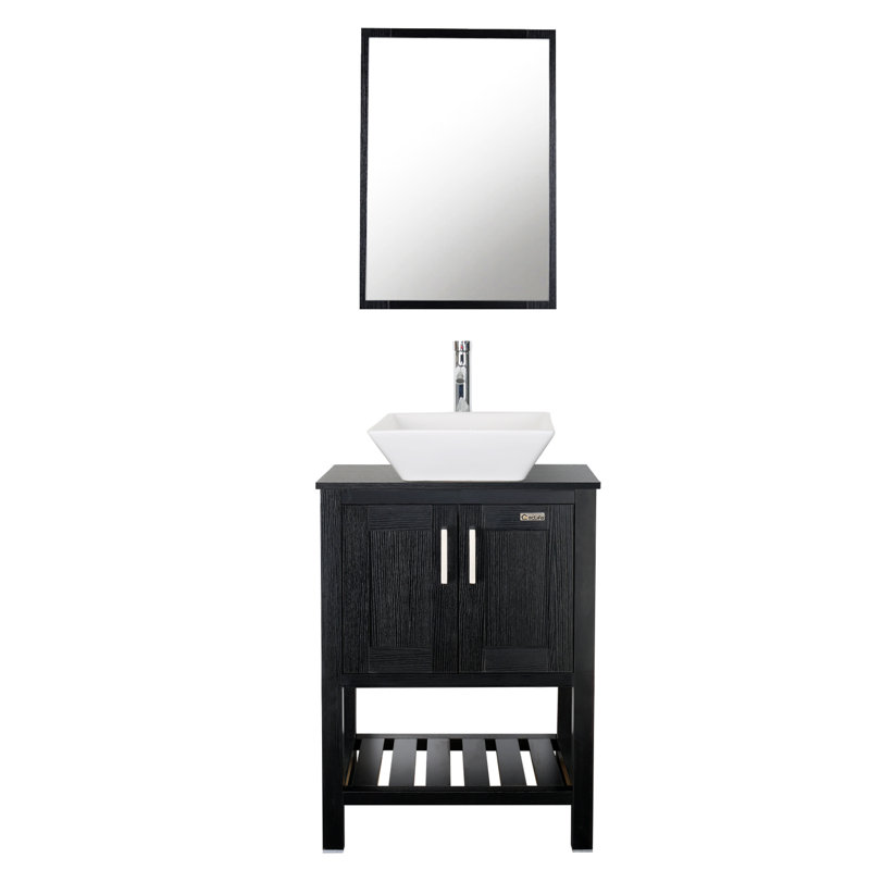 24'' Single Bathroom Vanity with Ceramic Top with Mirror, Black