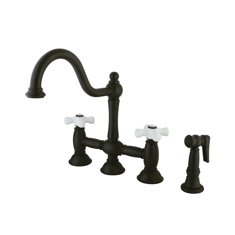 Kingston Brass Restoration Two-Handle Deck Mount Bridge Kitchen Faucet, Oil Rubbed Bronze, With Spray