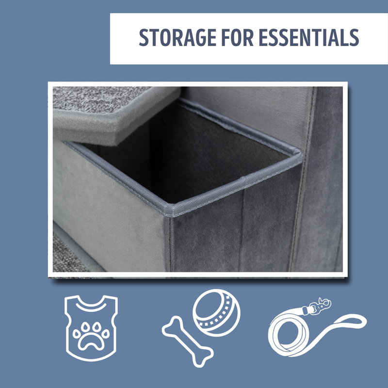 Gray Velour Foldable 3-Step Pet Stairs with Storage