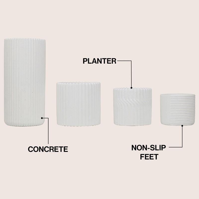 Noa Modern Minimalist Handmade Concrete Fluted Cylinder Vase Set (Set of 4), Matte White