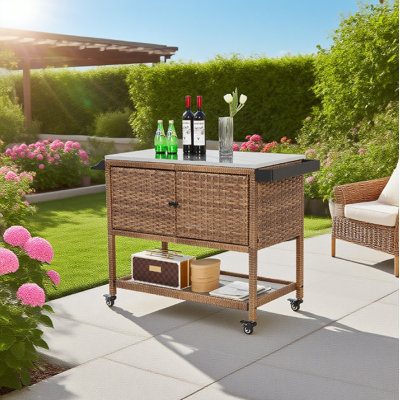 Outdoor Wicker Beverage Cart Brown, Rattan Bar Table With Glass Top And Wheels For Garden Pool Parties