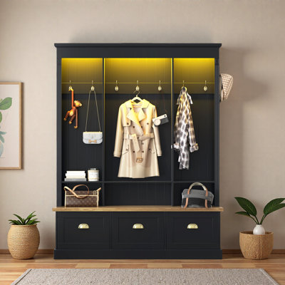 Elegant Hall Tree With App Controlled Led Light, 9 Hooks, Storage Bench, 3 Large Cabinets And Open Shelves