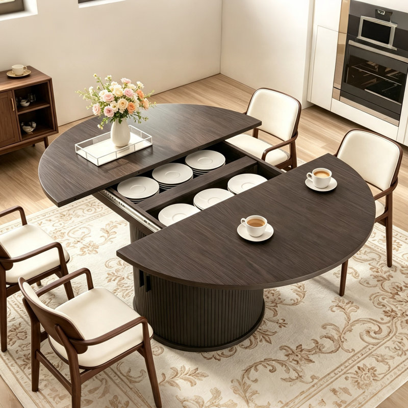 Table de salle à manger extensible ronde 43,3 "à 59" pour 4-6, table de salle à manger de cuisine ovale moderne avec rallonge cachée et base de rangement à 8 compartiments