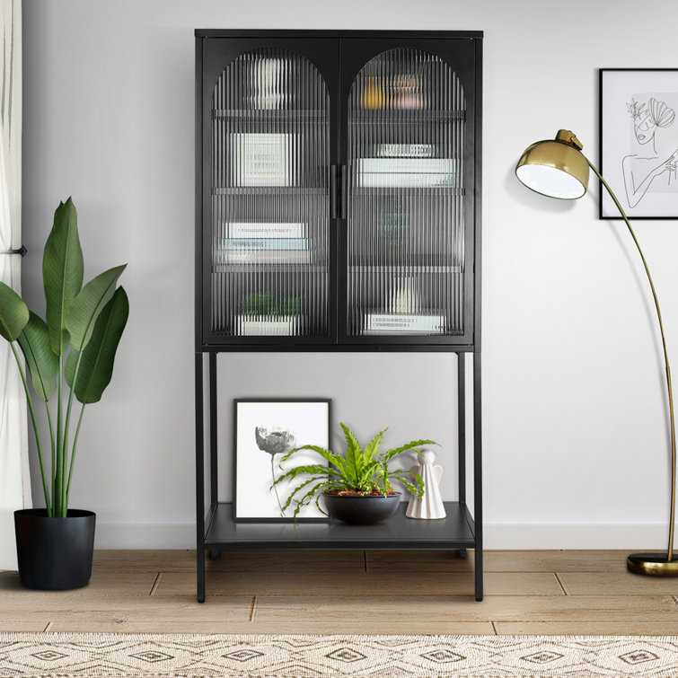 Lyndah Tempered Glass Tall Storage Cabinet with Adjustable Shelves and bottom shelf