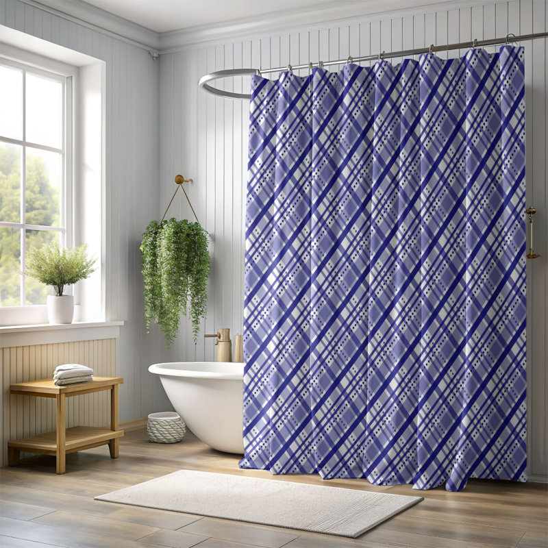 Rideau de douche bleu marine blanc rétro, H 74 po x l 71 po