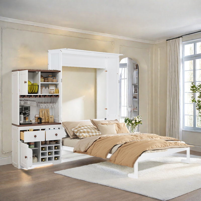 Queen Size Storage Murphy Bed With Lighted Headboard,Glass Holder And Wine Rack, White