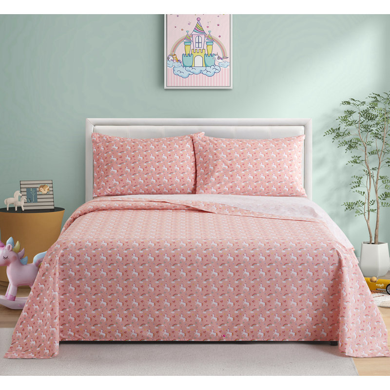 Pink Unicorn Rainbow Cotton Blend Percale Full Sheet Set