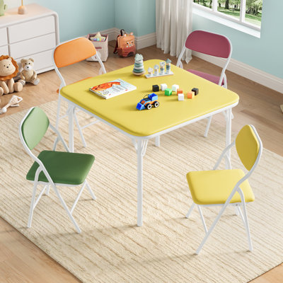 Collapsible Kids Table and Chairs Set – Upholstered PU Leather, Metal Frame, Lightweight and Durable, Soft Padded Seats – 5-Piece Activity Furniture for Dining, Crafts, Playroom, Daycare, Bedroom