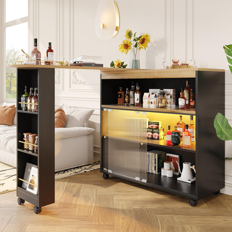 360° Rotating Bar Table With Glass Doors And Led, Black