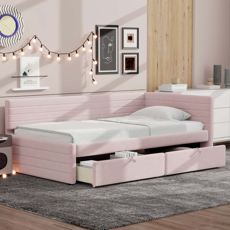 Twin Size Upholstered Daybed with 2 Drawers, Pink