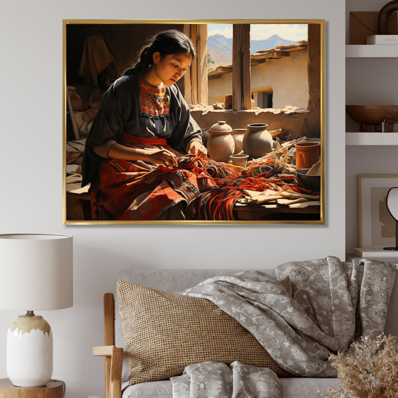 Corail beige, Mexique, art tisserand, reproduction d'art sur toile, Cadre flottant doré, H 16 po x l 32 po x P 1 po
