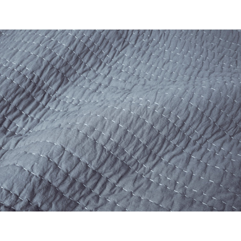 Channel Handstitched Organic Quilt, King Quilt, Indigo Chambray