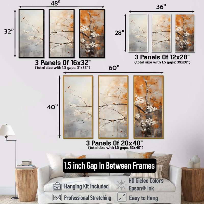 «Winter Tree Minimal Landscape I - Snow», art mural sur toile, Cadre flottant doré, H 40 po x l 60 po x P 1 po