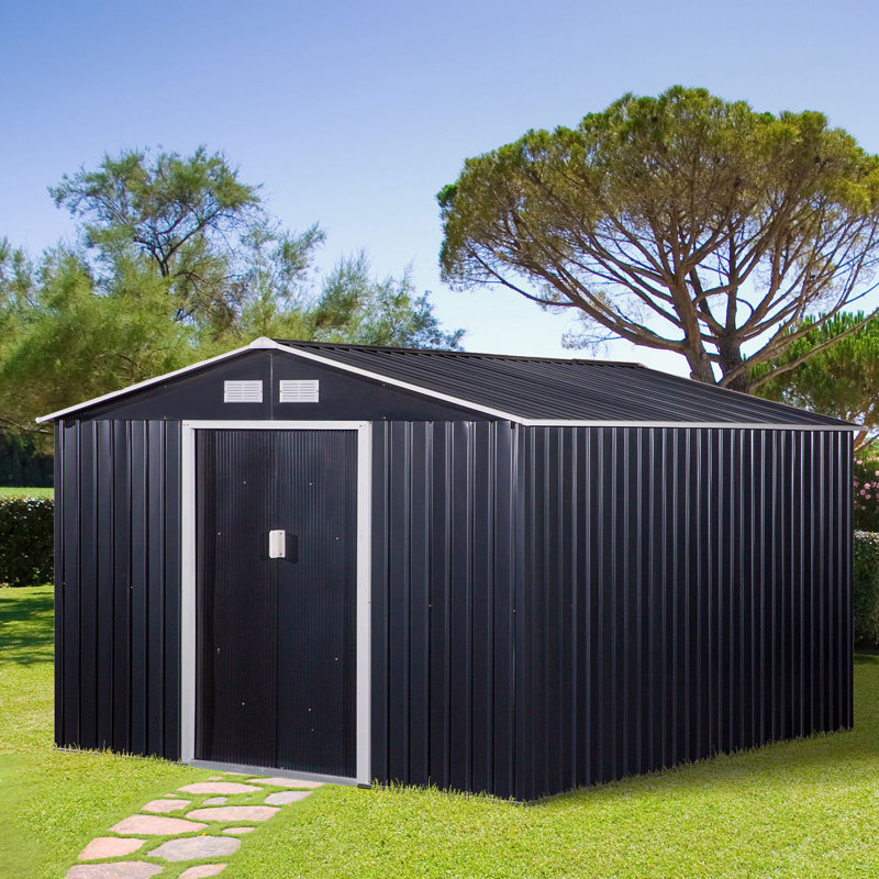Remise de rangement extérieure de 11 pi x 9 pi Outsunny, remise en métal pour outils de jardin avec trousse de fondation, double porte verrouillable, bouches d'aération et toit incliné, pour cour arrière, patio, pelouse, gris foncé