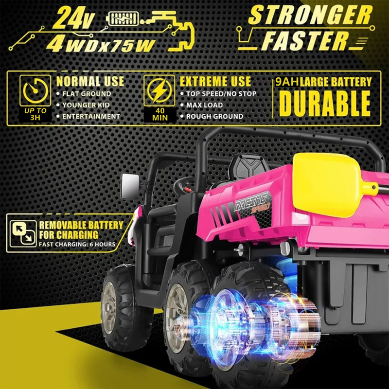 Alex 24V 4WD 2 places 6 roues sur camion à benne basculante avec télécommande, benne électrique et pelle, Bluetooth, rose
