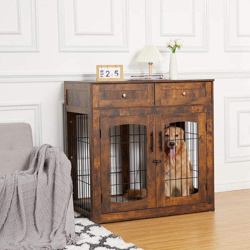 Brown Wooden Dog Crate Table with Drawers
