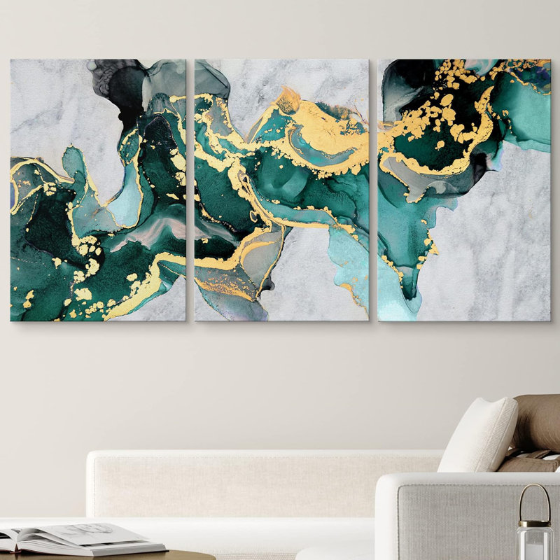 Soleil et lune, géométrique, bleu sarcelle, vague de fumée, paysage, formes abstraites, illustrations, art moderne, décor