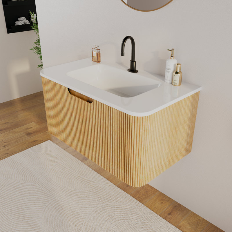 Meuble-lavabo mural simple flottant 30 po avec comptoir en céramique, 30", Tiroir à poignée encastrée