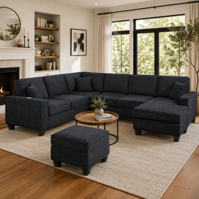 Ensemble de canapé modulaire 5 pièces Vini, 3 coussins, USB, chenille noir rembourré de mousse