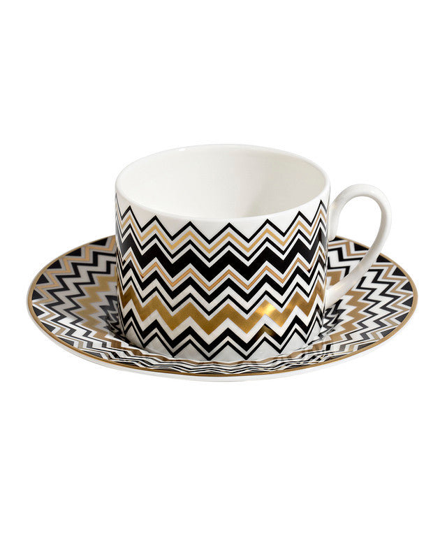 Missoni Tea Cup & Saucer ZIG ZAG Set of 2 in Luxury Box Gold diam. 3.3in, H 2.3in, cap. 7.5 oz, Saucer diam. 6in