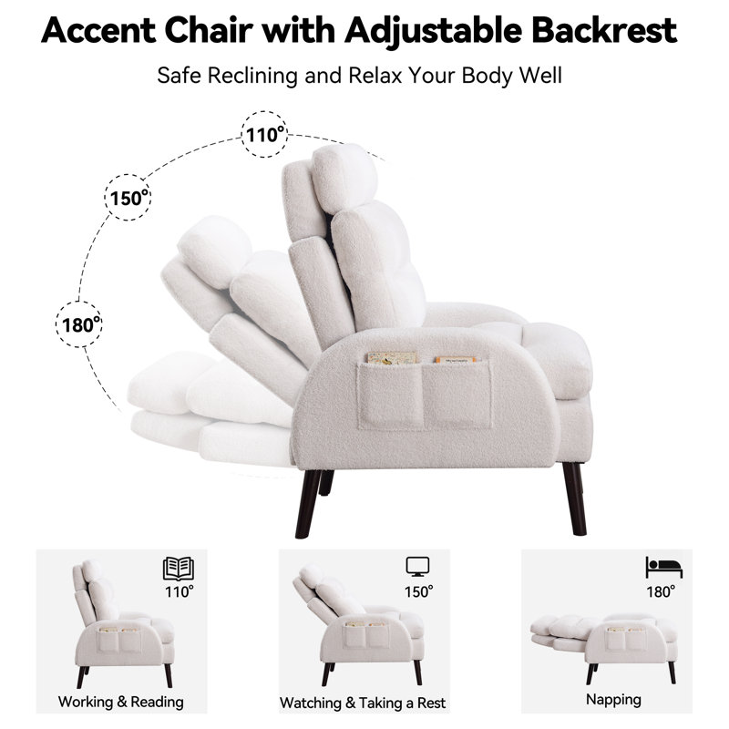 Jonilda Upholstered Accent Chair and Ottoman with  Adjustable Backrest, White Teddy