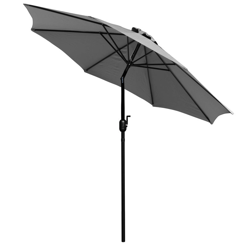 Abdikadir 30" x 48" Faux Teak Patio Table, 4 Chairs and 9FT Patio Umbrella with Base, Gray Umbrella