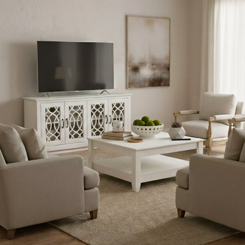 Weddel Basilico Transitional 2 Piece Living Room Media And Coffee Table Set, Ivory, Ivory