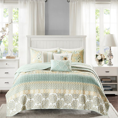 Courtepointe double en coton avec 3 coussins, 6 pièces, imprimé floral et géométrique, pièce de chambre attrayante, décoration complète et séduisante