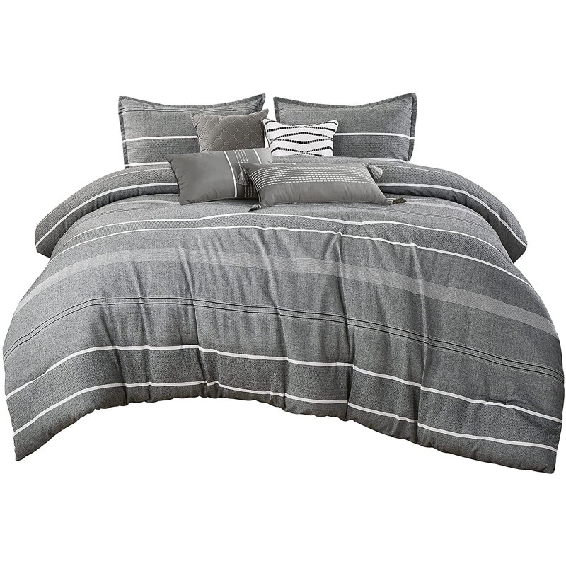 Porter 7-Piece Gray White Yarn-Dyed Striped Comforter Set, Full / Double Comforter + 6 Additional Pieces
