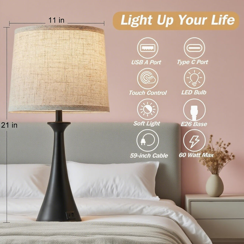 Ensemble de 2 lampes de table à contrôle tactile avec USB C et ports de charge, lampes de chevet à DEL à intensité variable à 3 voies pour table de chevet, salon, chambre à coucher, comprend des ampoules écoénergétiques