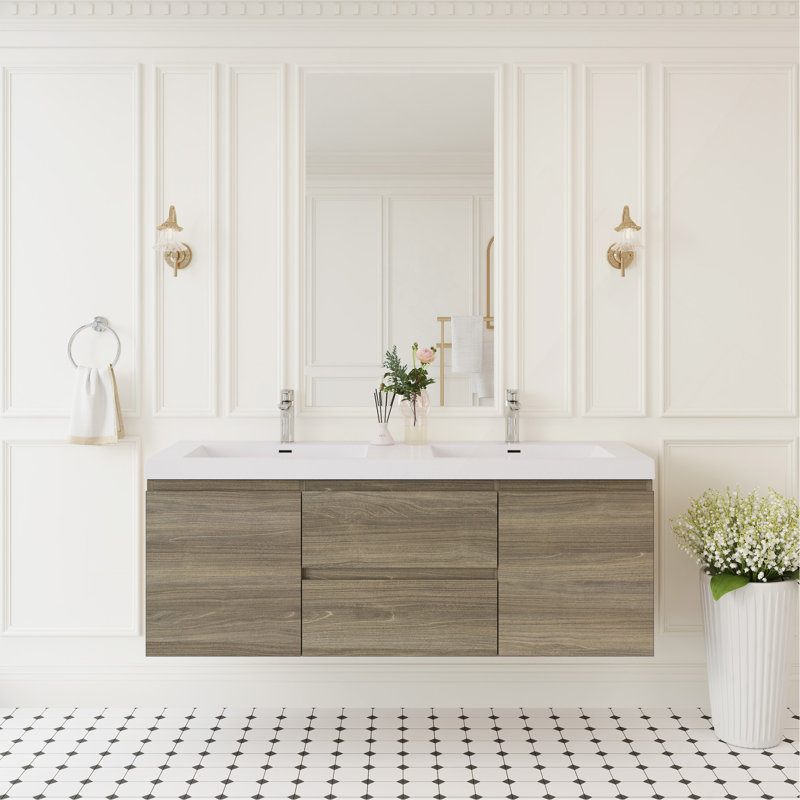 Meuble-lavabo flottant 60 po avec lavabo, meuble-lavabo mural 60 po avec lavabo à surface solide, deux lavabos et tiroirs à fermeture en douceur, gris cendré