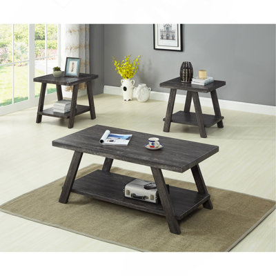 Table basse, ensemble de 3 pièces gris et 2 tables de bout avec étagère de rangement à finition grain de bois et salon contemporain