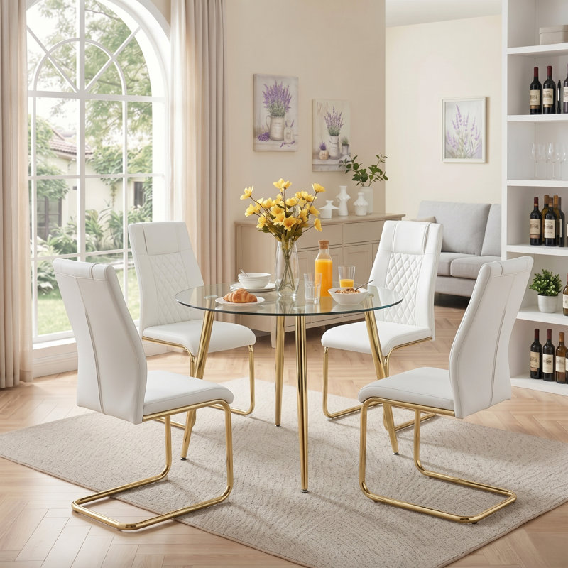 Olaitan Modern 5-Piece Round Tempered Glass Dining Set with Cantilever Chairs and Metal Chrome Legs, White, Gold