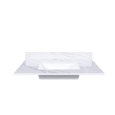 Comptoir de meuble-lavabo Bianco Carrara Venato de 37,01 po x 22,01 po x 0,71 po, 1 trou de robinet pré-percé et dosseret de 4 po + lavabo rectangulaire encastré, comptoir de salle de bain en pierre frittée blanche pour armoire de salle de bain standard de 36 po