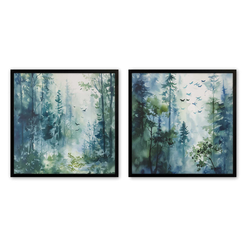 "Forêt enchantée bleue et verte", Noir satiné, H 13,75 po x l 13,75 po