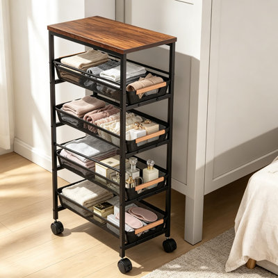 Chariot de rangement roulant mince avec tiroir, chariot utilitaire étroit à 5 niveaux sur roulettes, organisateur de cuisine/buanderie en métal pour petits espaces, solution de rangement coulissante
