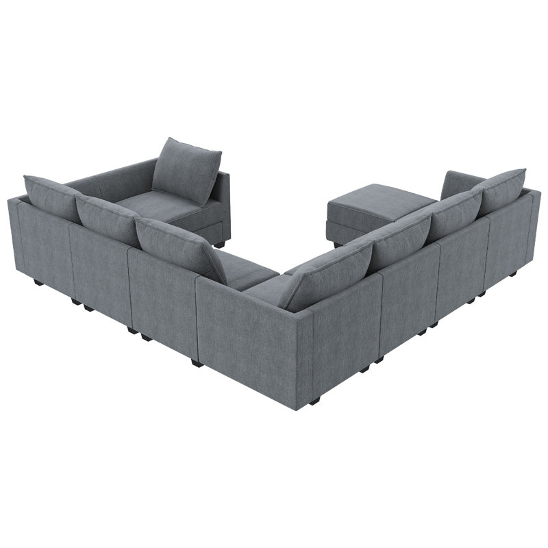 Modular U-Shaped Sectional with Storage, Bluish Gray Polyester