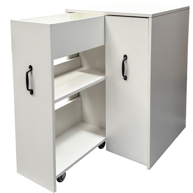 Bibliothèque à 3 niveaux en bois avec tiroir coulissant, roulettes et porte anti-poussière pour un rangement caché flexible.