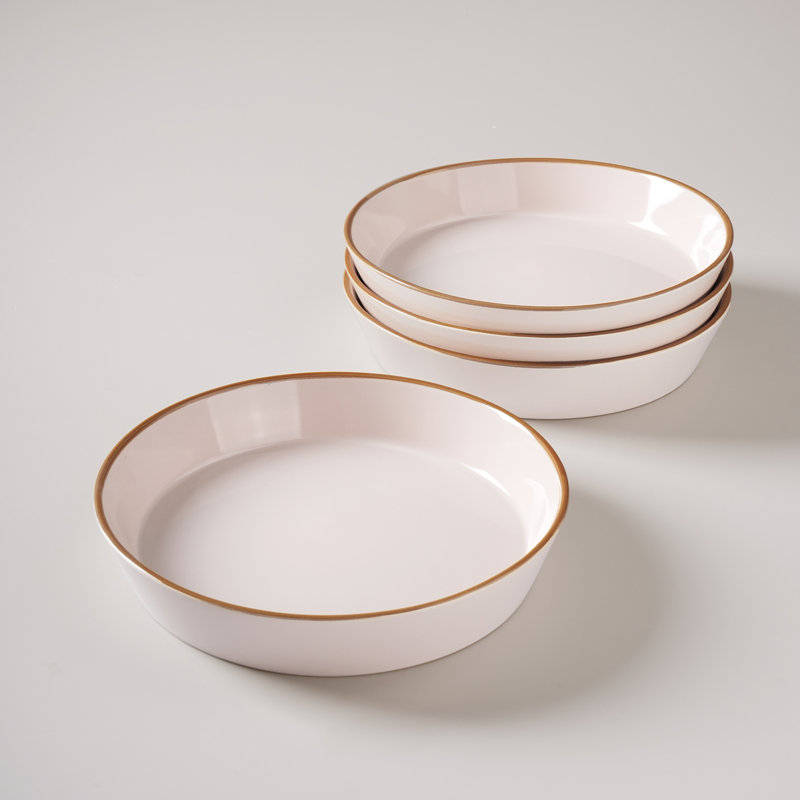 Ensemble de bols à pâtes en grès 4 pièces Saturn, Rose clair avec bordure brune