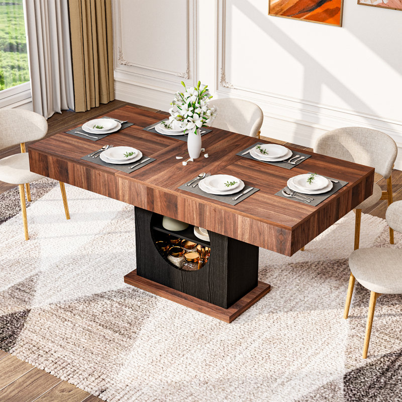 Table de salle à manger pour table de cuisine de ferme en bois de 6, 55 pouces avec tablette de rangement à 2 niveaux et 2 tiroirs, table de salle à manger rectangulaire moderne pour appartement Home Small Space, bois noir