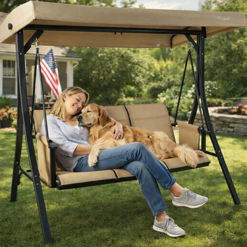 Kozyard Brenda 3-Seat Outdoor Porch Swing Glider, Patio Swing with Adjustable Canopy, Heavy-Duty Steel Frame, Breathable Textilene Seat and Backrest, Side Pockets, Tan
