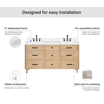 ARIEL Monroe 67" Solid Wood Double Sink Bathroom Vanity in Oak with 1.5" Pure White Quartz Top, Center, Rectangle Sink