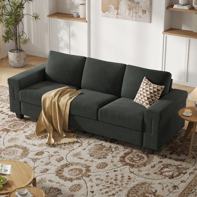 Canapé en polyester à accoudoirs carrés Dereon, H 32,7 po x l 90 po x P 35 po, Corduroy Grey
