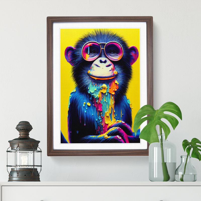 Paint Drip Monkey No.3 1 Piece Single Picture Frame Wall Art, 64cm H x 46cm W x 2cm D, Walnut