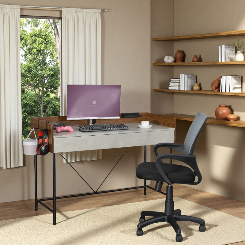 Bureau d'ordinateur 48 po avec 2 tiroirs et quincaillerie en métal, Noyer / ciment