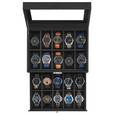 Boîte à montre à 20 emplacements, boîtier de montre avec couvercle en verre, 2 couches, vitrine verrouillable, cadeau de Noël, cuir synthétique noir, doublure noire