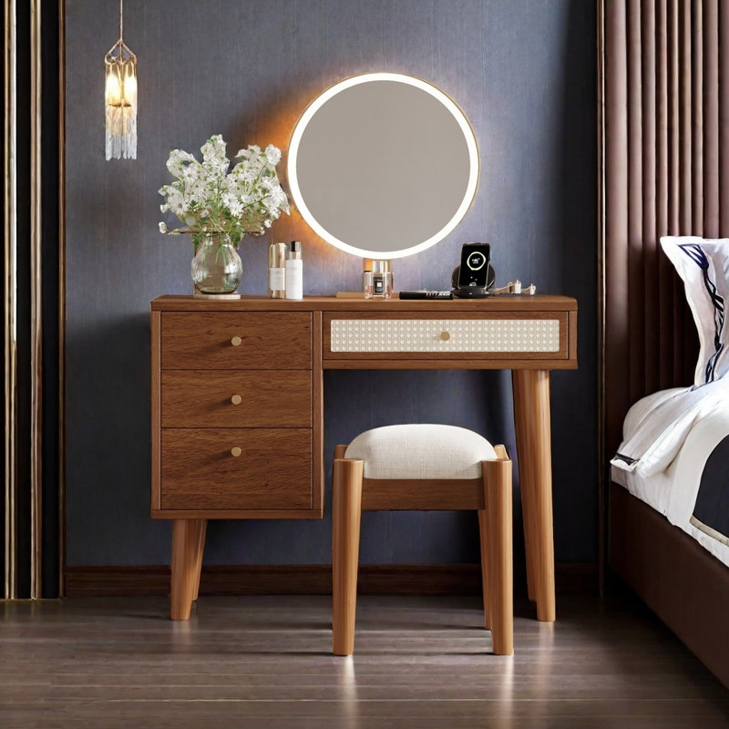 Ensemble coiffeuse 39 po en bois de style bohémien rétro avec prise de charge, port USB et tabouret, coiffeuse avec 3 tiroirs de rangement et 1 tiroir rectangulaire en rotin