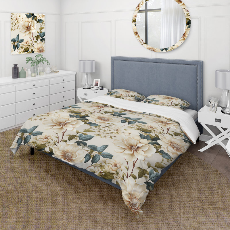 Cream Delicate Poppies Flowers - Ensemble de housse de couette à motif floral