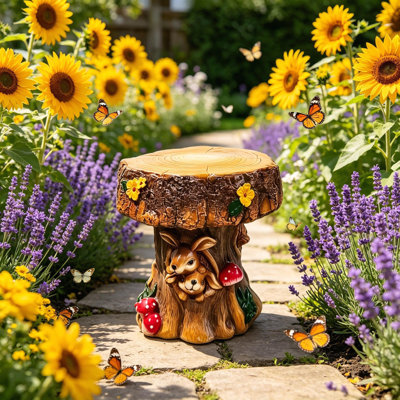 Tabouret de jardin fantaisiste en souche d'arbre de 13,4 po de hauteur, table d'appoint en résine synthétique avec statue de lapin